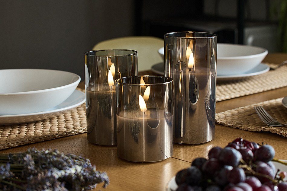 Set mit 3 Kerzen im Glas, Grau, mit Fernbedienung