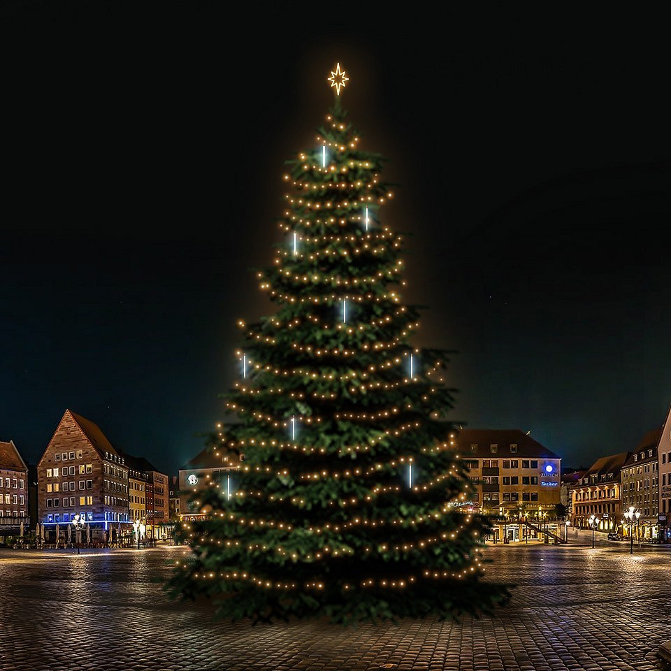 LED-Lichtset für Weihnachtsbäume 21-23 m hoch, warmweiß mit fallendem Schnee