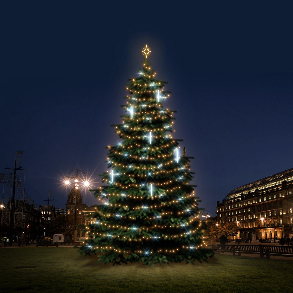 LED-Lichtset für Weihnachtsbäume 12-14m hoch, warmweiß mit Flash, mit fallendem Schnee
